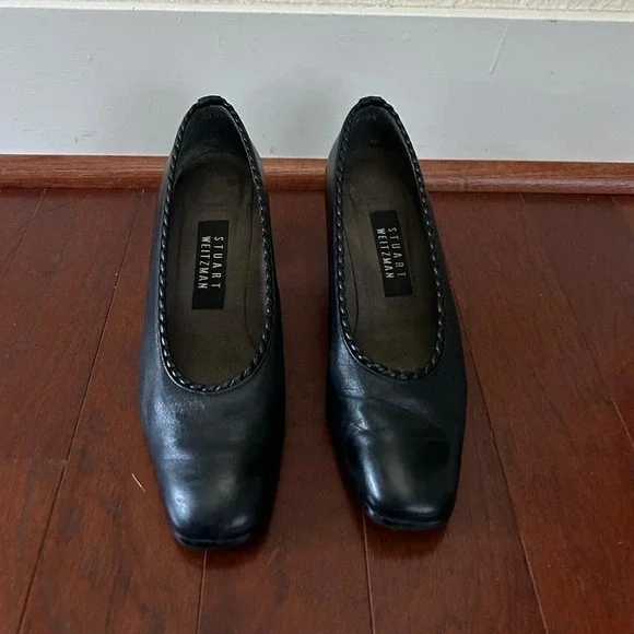 Stuart Weitzman Leather Pumps Black Acetate Trim Square-toes block heels size 7 - Picture 3 of 10